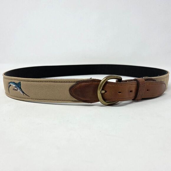 BATES WEB LEATHER BELT BROWN KHAKI HEAVY DUTY BRASS MARLIN FISHING MENS SIZE 36 - Picture 1 of 6